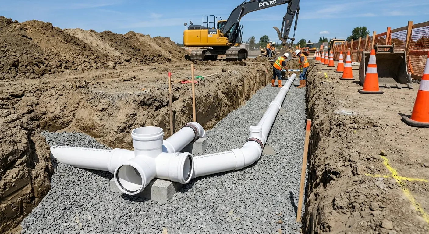 New PVC sewer pipe installation in open trench for Commercial Drain Cleaning in Montgomery